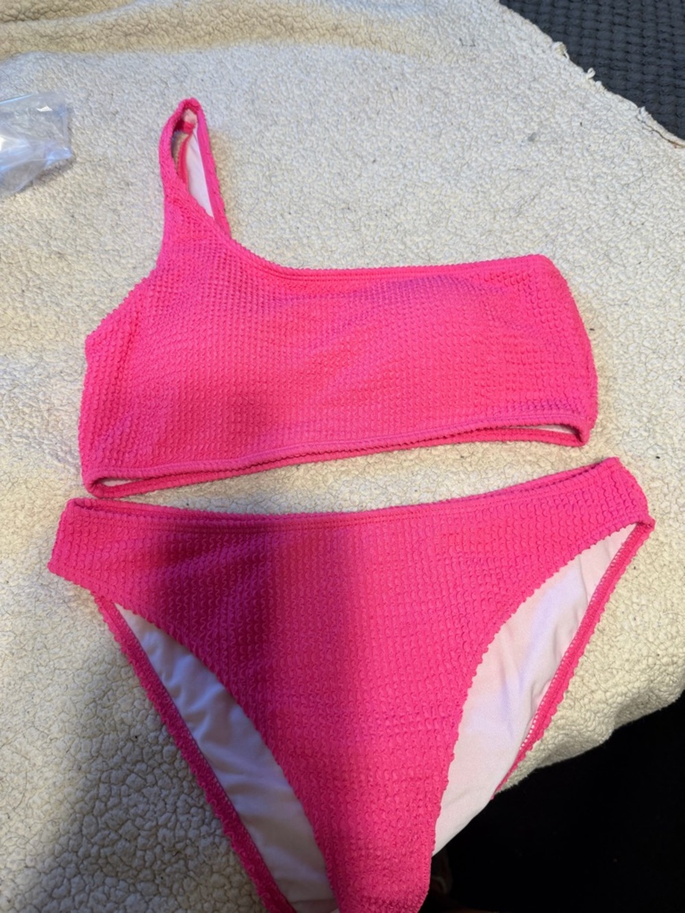 SHEIN Hot Pink One-Shoulder Textured Bikini Set